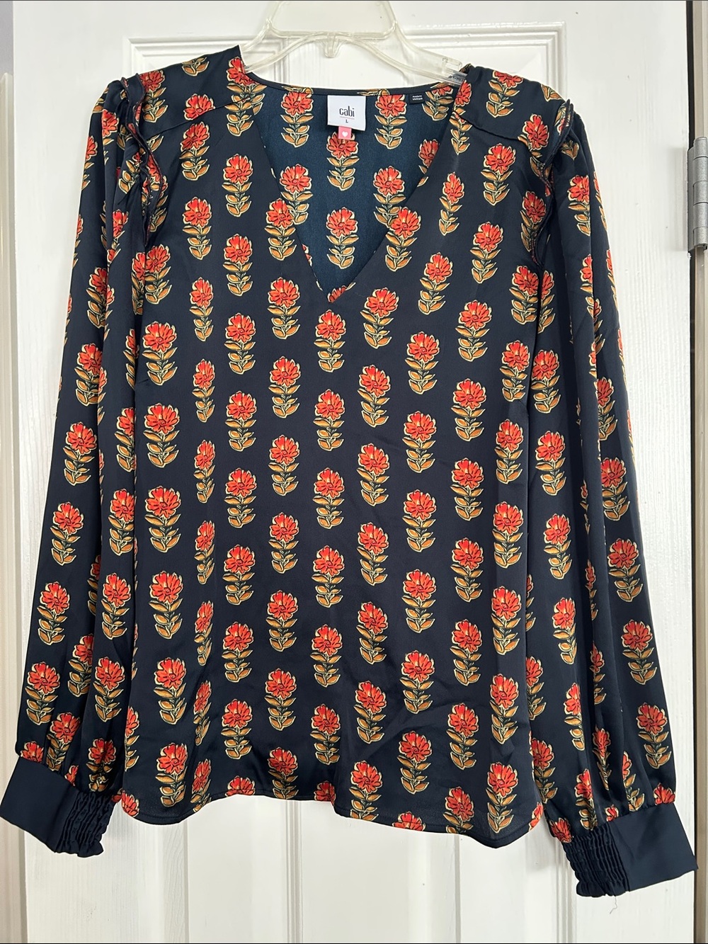 CAbi Navy Long-Sleeve V-Neck Shirt with Red Floral Motif